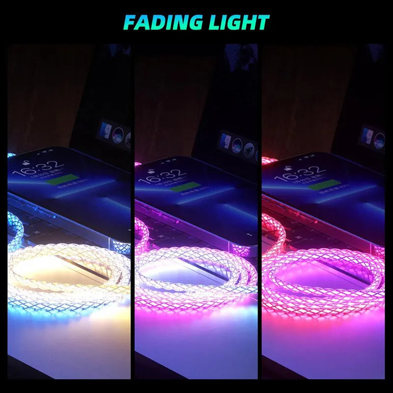 1.2 metre colourful gradient charging cable with lightning, micro USB, and type-C connectors