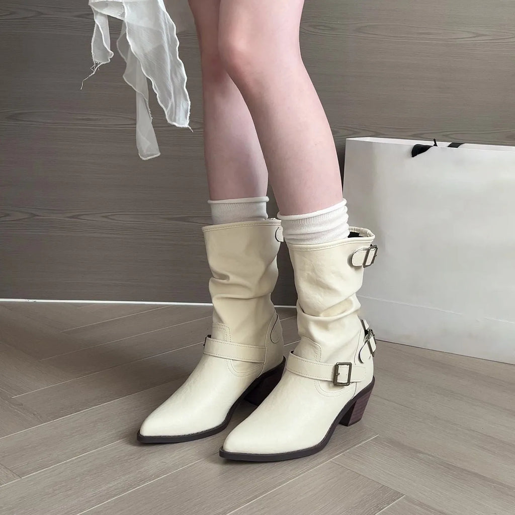 Women's mid-calf pointed toe chunky heel boots in white or khaki with PU upper and belt buckle detail