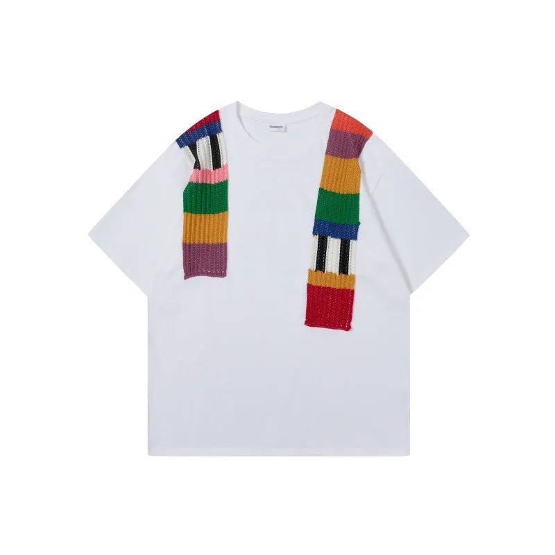 Cotton colour contrast patchwork round neck loose short sleeve pullover top with letter pattern in three colours