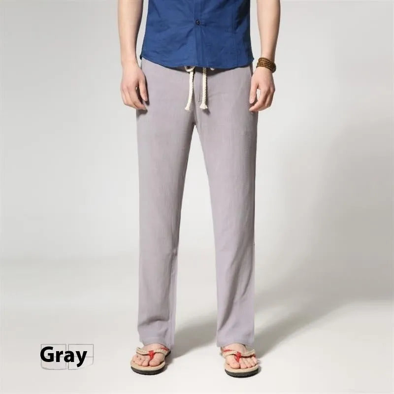 Men's straight leg casual trousers in a cotton linen blend, shown in a solid colour with a loose fit.