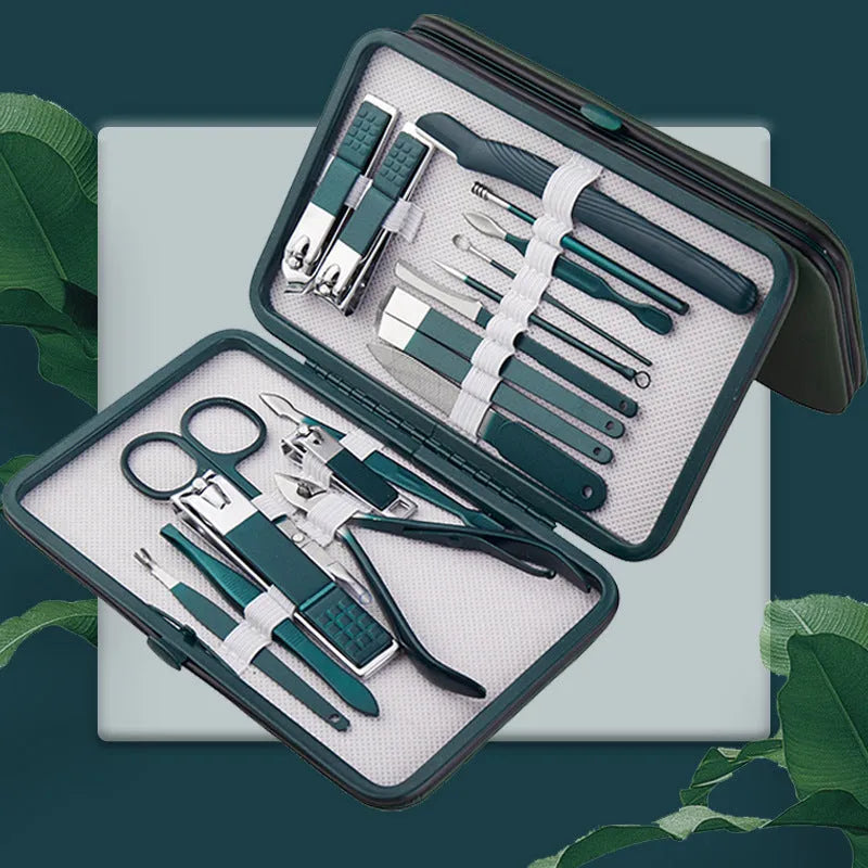 Emerald green nail clippers set in storage case with stainless steel and carbon steel manicure and pedicure tools