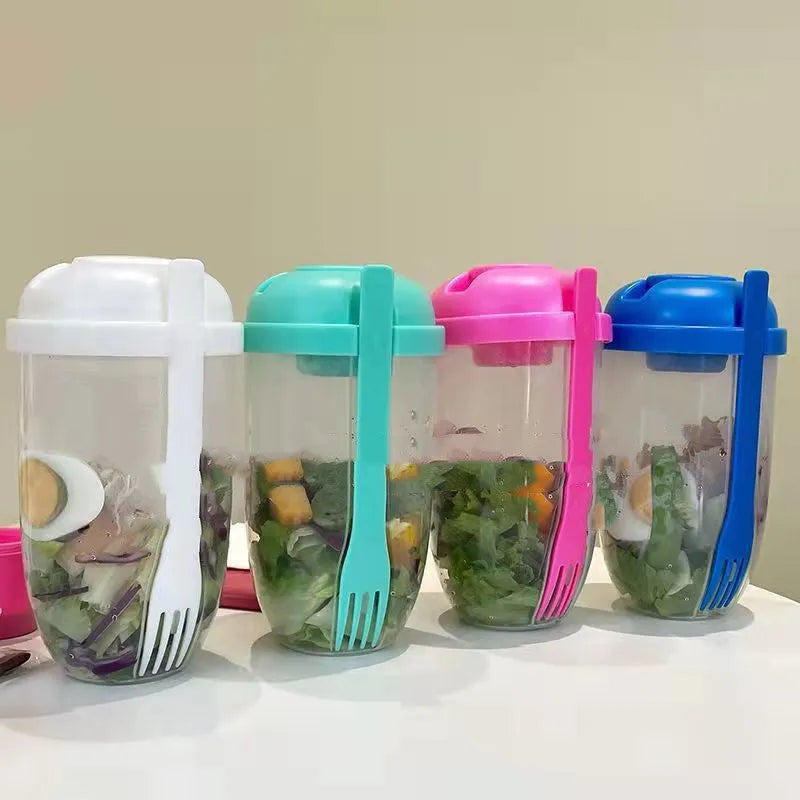 Ins style 1000ml salad cup with white fork and leak-proof cover, Klein Blue colour, on white background