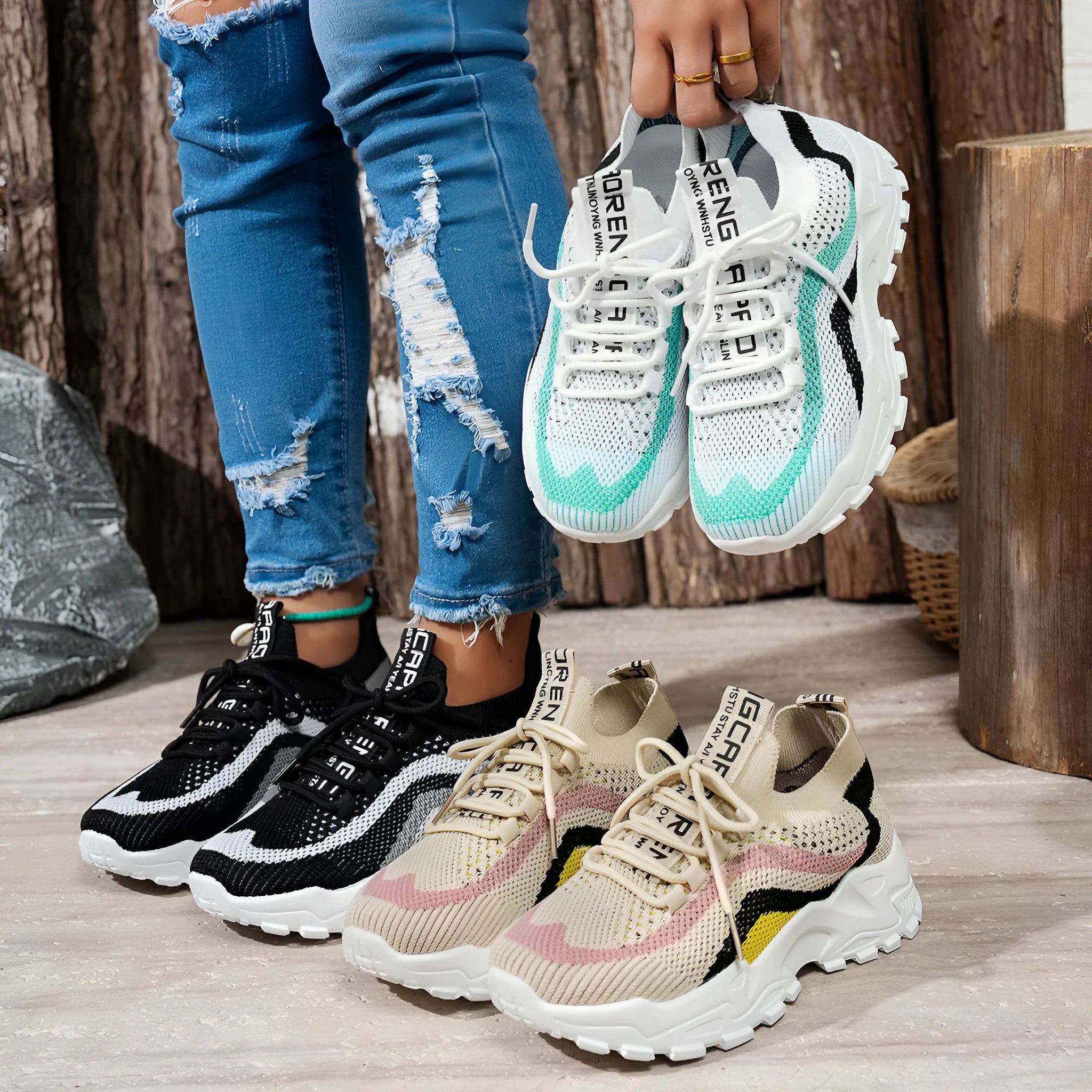 Women's soft bottom lace-up sports shoes in mesh with PVC sole.