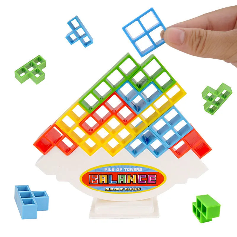 Plastic balance stacking game with 16 colourful blocks on chassis base for kids age 3+