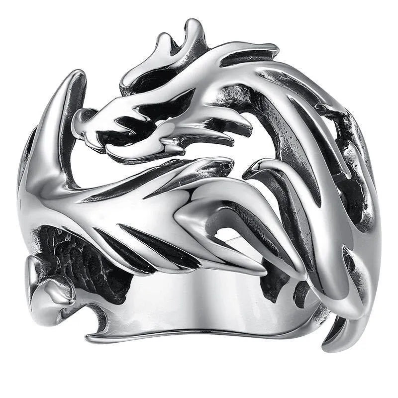 Adjustable Chinese dragon pattern ring in archaic silver blue and green with luminous detail