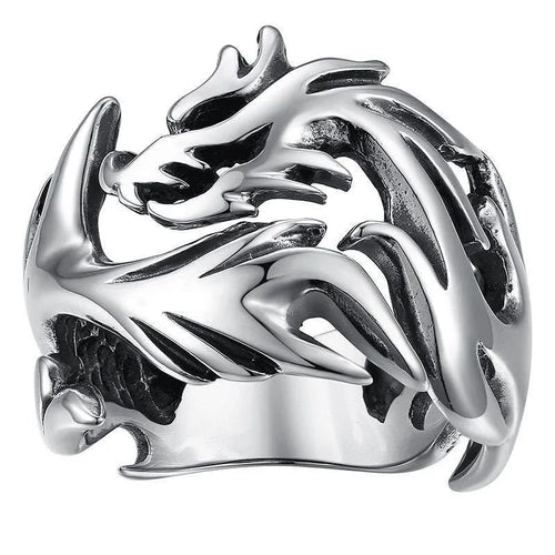Adjustable Chinese dragon pattern ring in archaic silver blue and green with luminous detail