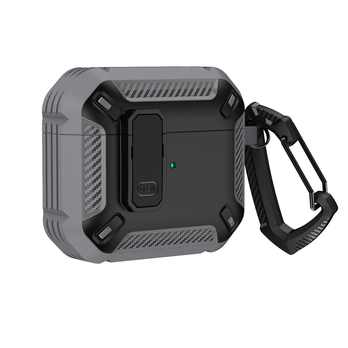 Protective clamshell case for AirPods with hook attachment in two-colour plastic design