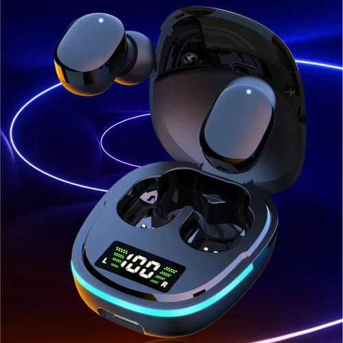 Black true wireless Bluetooth earbuds with charging case showing digital battery display