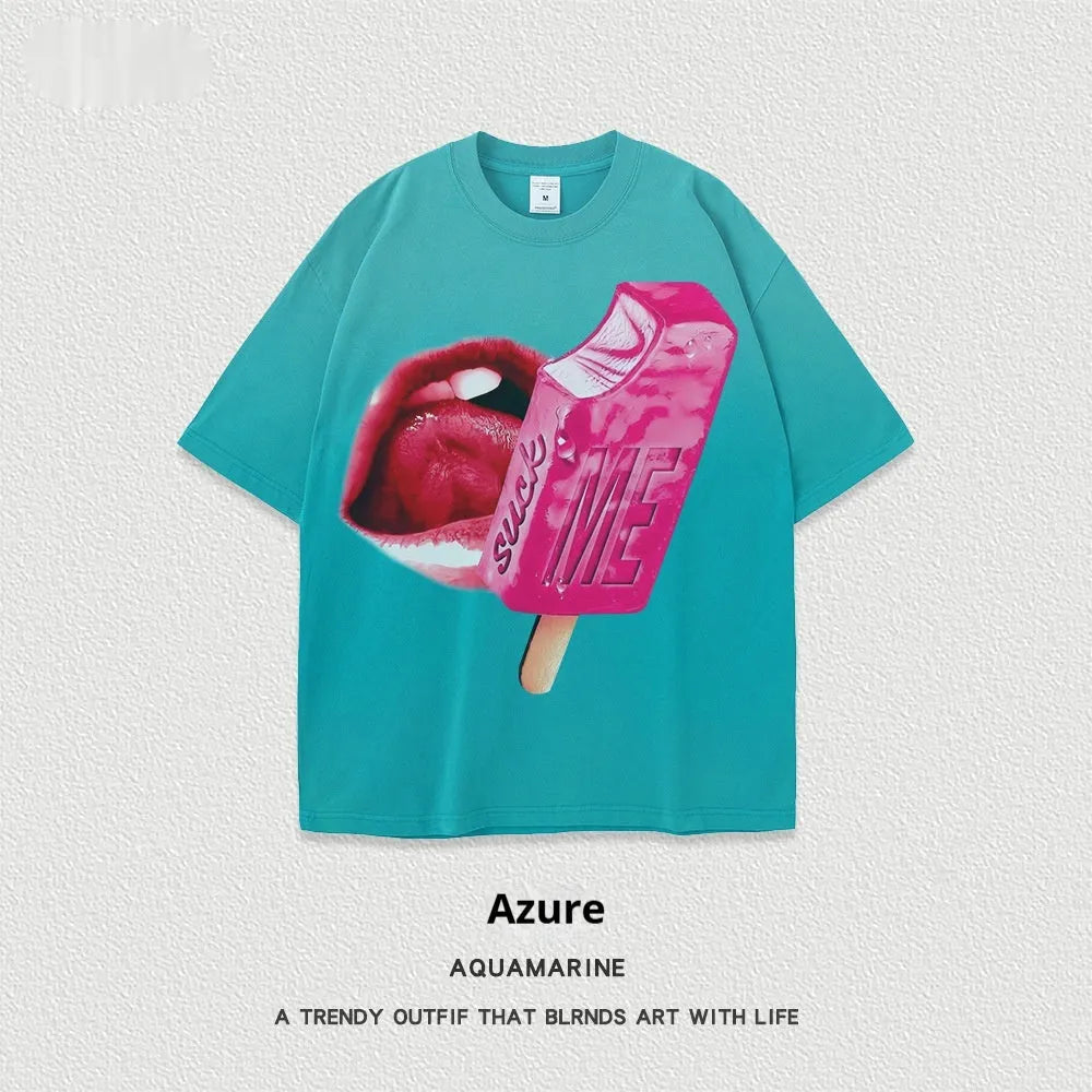 Heavy washed cotton street t-shirt with cartoon pattern in loose fit on mannequin