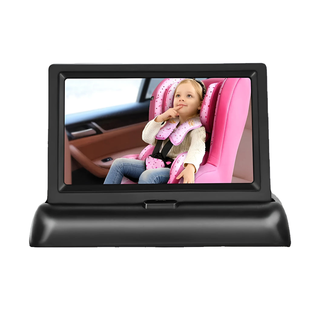 Black 4.3 inch folding screen car baby monitor with cigarette lighter power cord and infrared camera