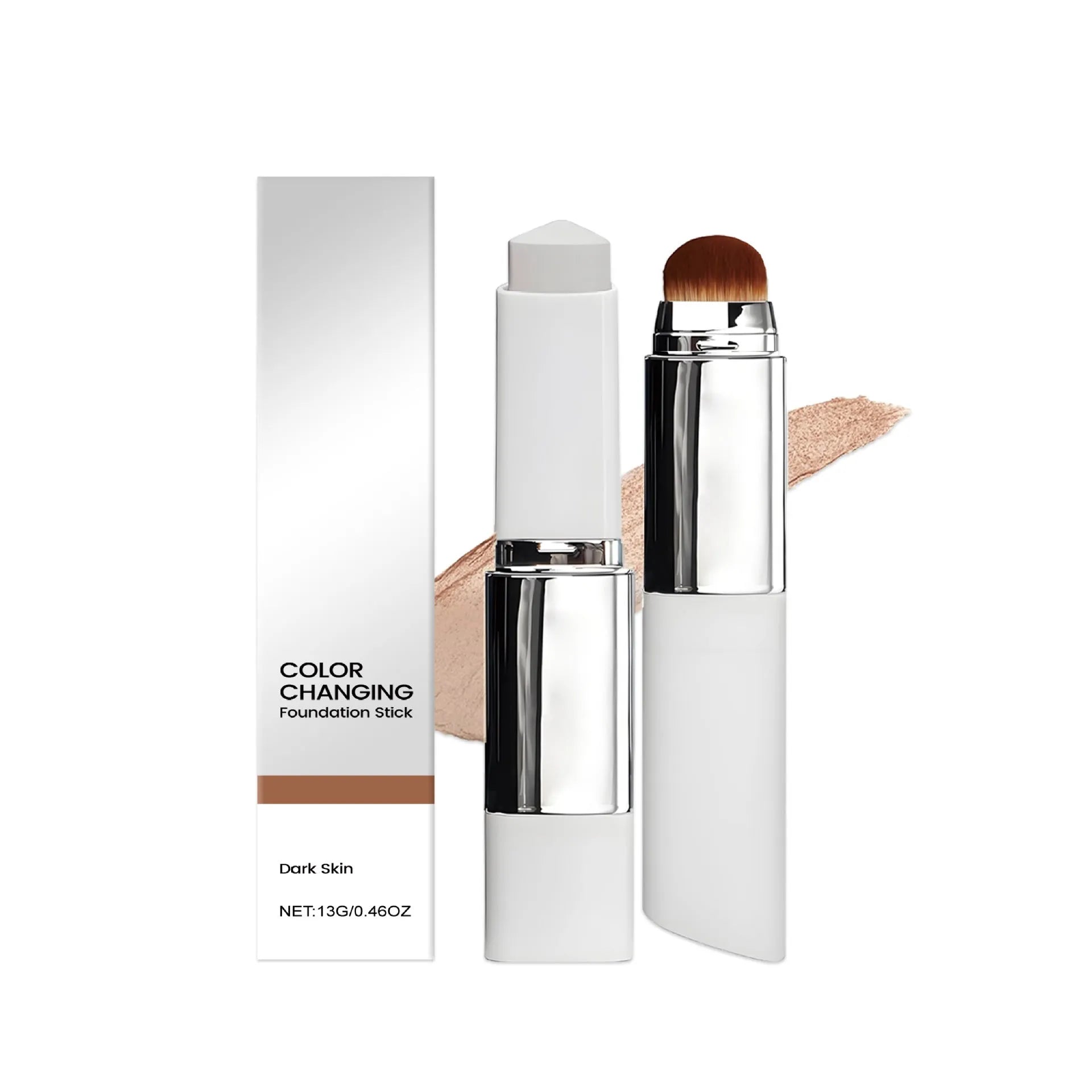 Clear powder foundation makeup stick in twist-up case, showing three shade options.