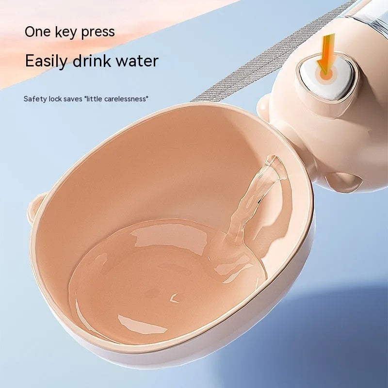 Portable dog water bottle and food container with built-in bowl in yellow, pink or brown colours