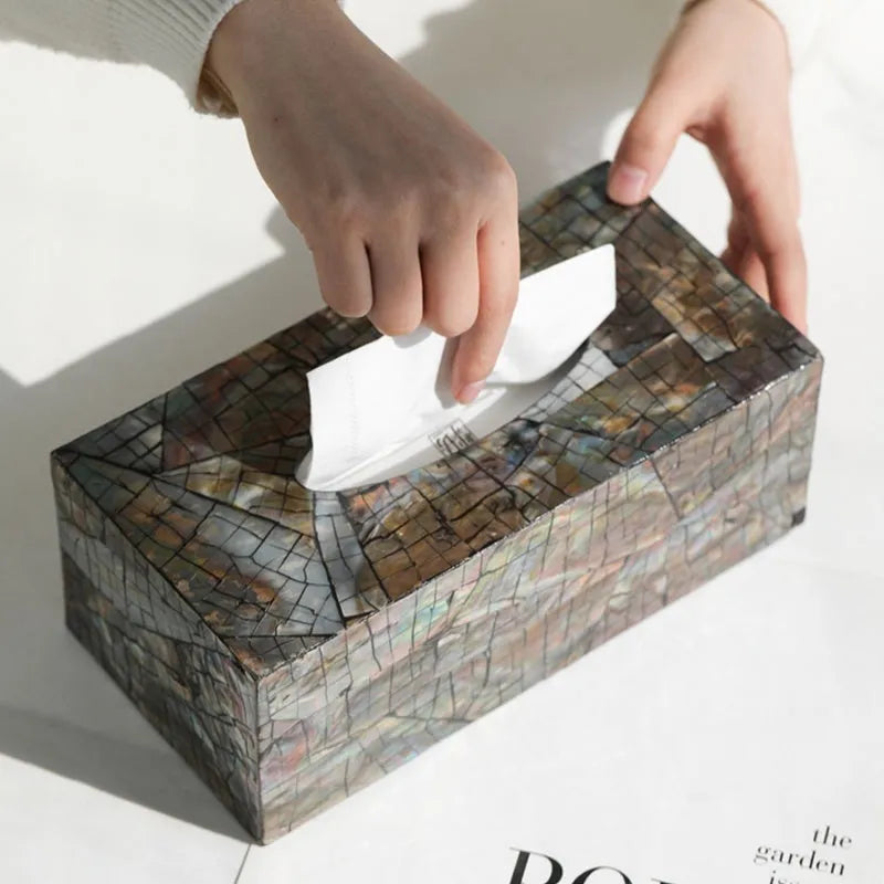 Modern minimalist rectangular shell storage box with removable organiser for tissues and small items.