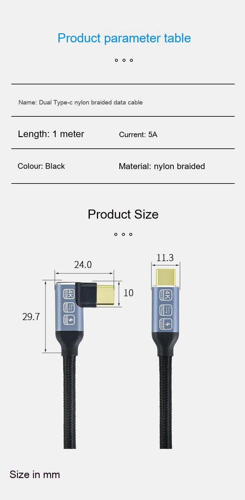 Double Type-C full-function woven fast charging data cable in black single-bend design on grey background