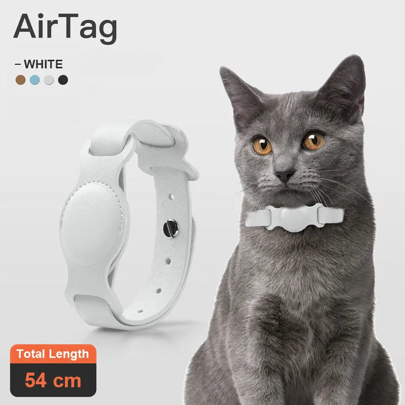 Leather pet collar AirTag holder in misty blue, adjustable 40cm, with silicone lining for anti-scratch protection