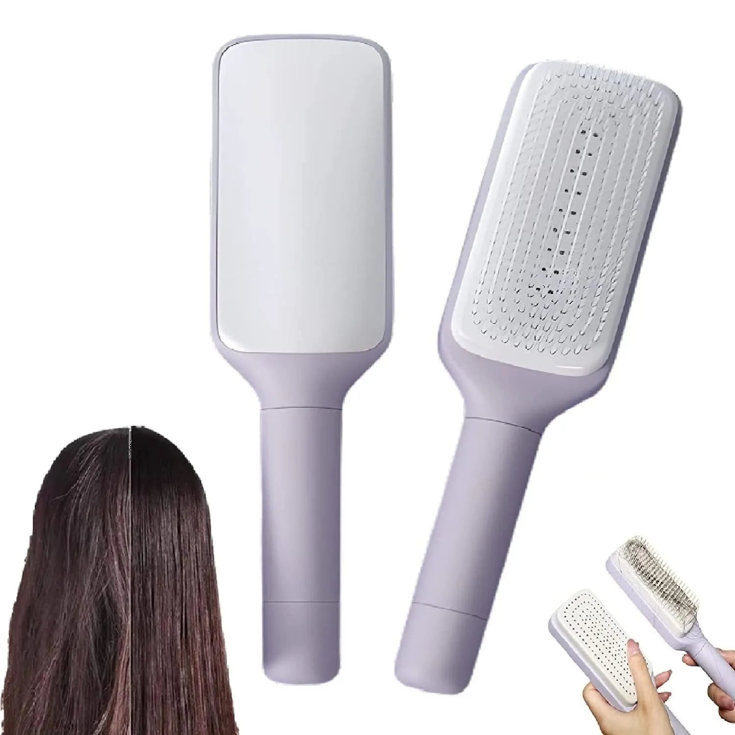 Roland purple self-cleaning hairbrush with rotating handle and anti-static massage teeth