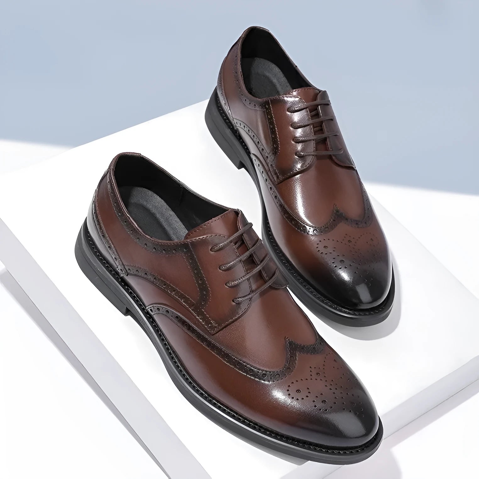 Men's black and brown brogue shoes with business styling and PU leather upper