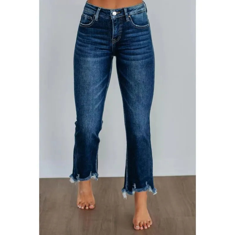 Women's solid colour denim trousers with a hand-worn finish in dark blue and light blue