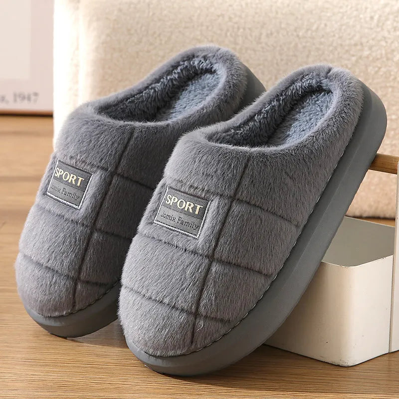 Men's plaid pattern winter slippers with thick sole and wool lining in brown colour