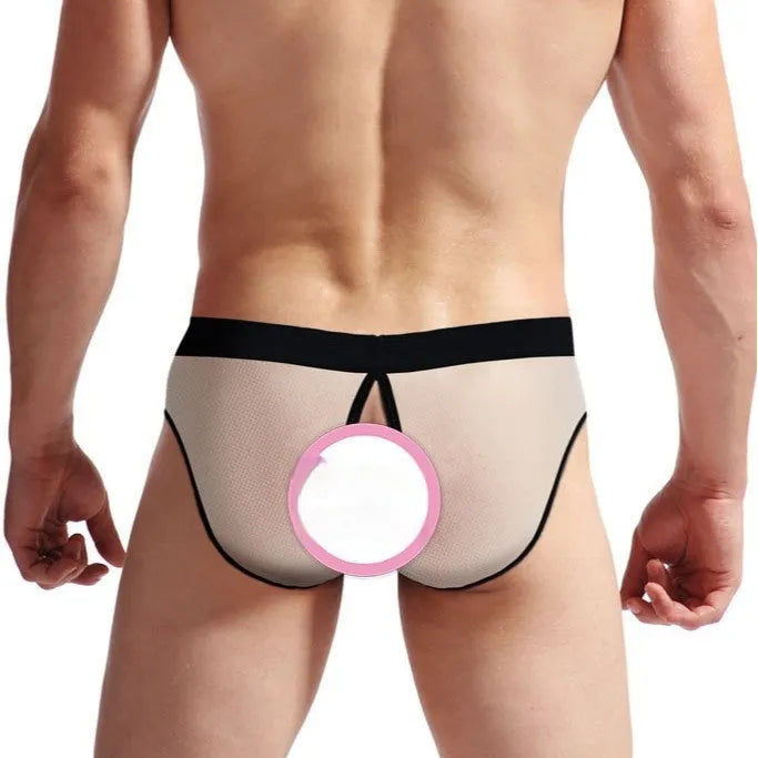 Men's mesh back rubber band triangle shorts in black nylon, front view showing elastic waist and triangle cut