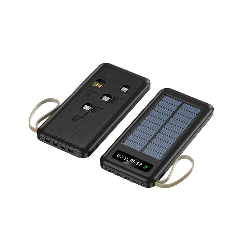 Solar power bank in black or white with polymer lithium ion battery showing capacity options of 20000mA or 30000mA