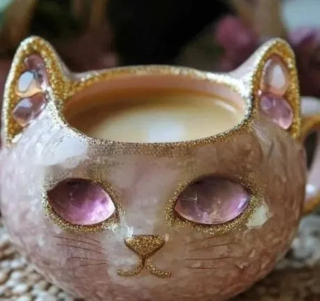 Purple geode crystal cat design resin mug for drinks on a wooden table.
