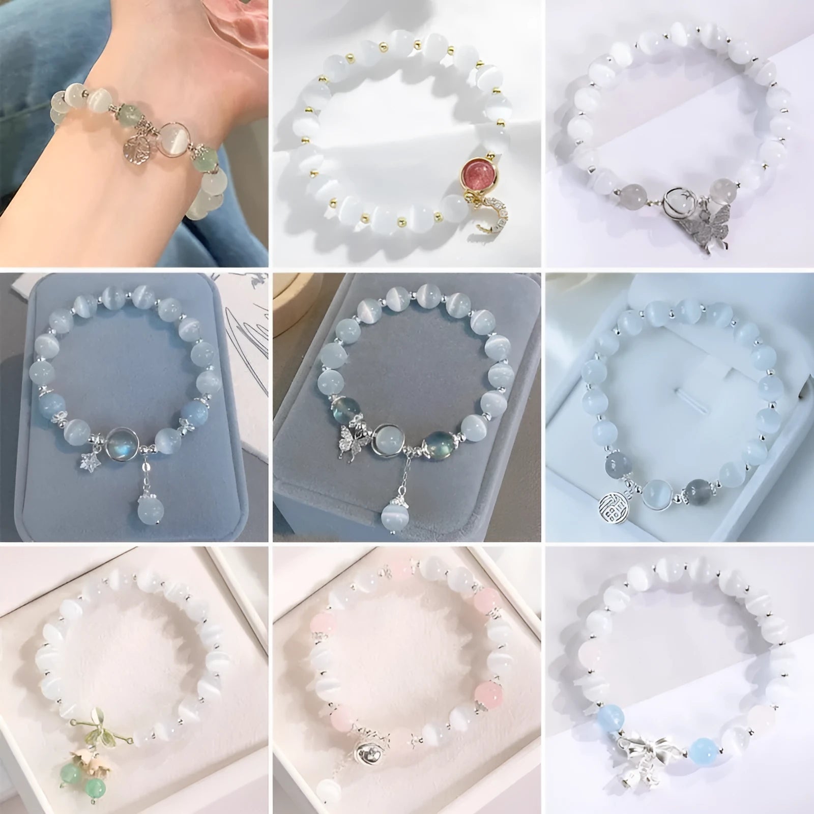 Women's cat's eye stone beaded bracelet with diamond-shaped opal beads and electroplated metal clasp in one of sixteen colour options