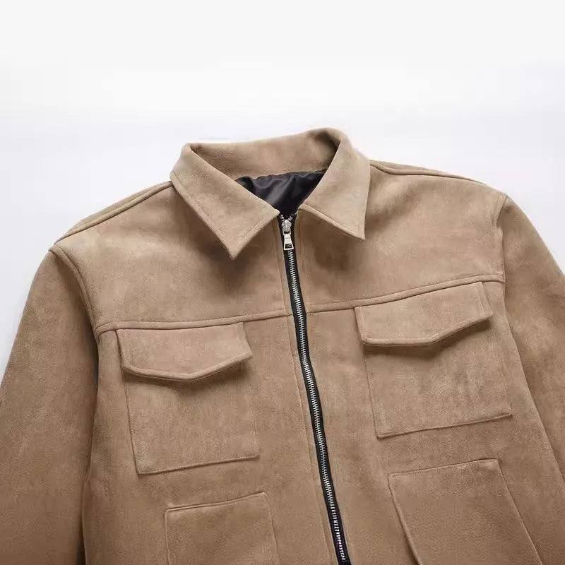 Thickened slim fit jacket coat with a large zippered pocket, shown in camel colour