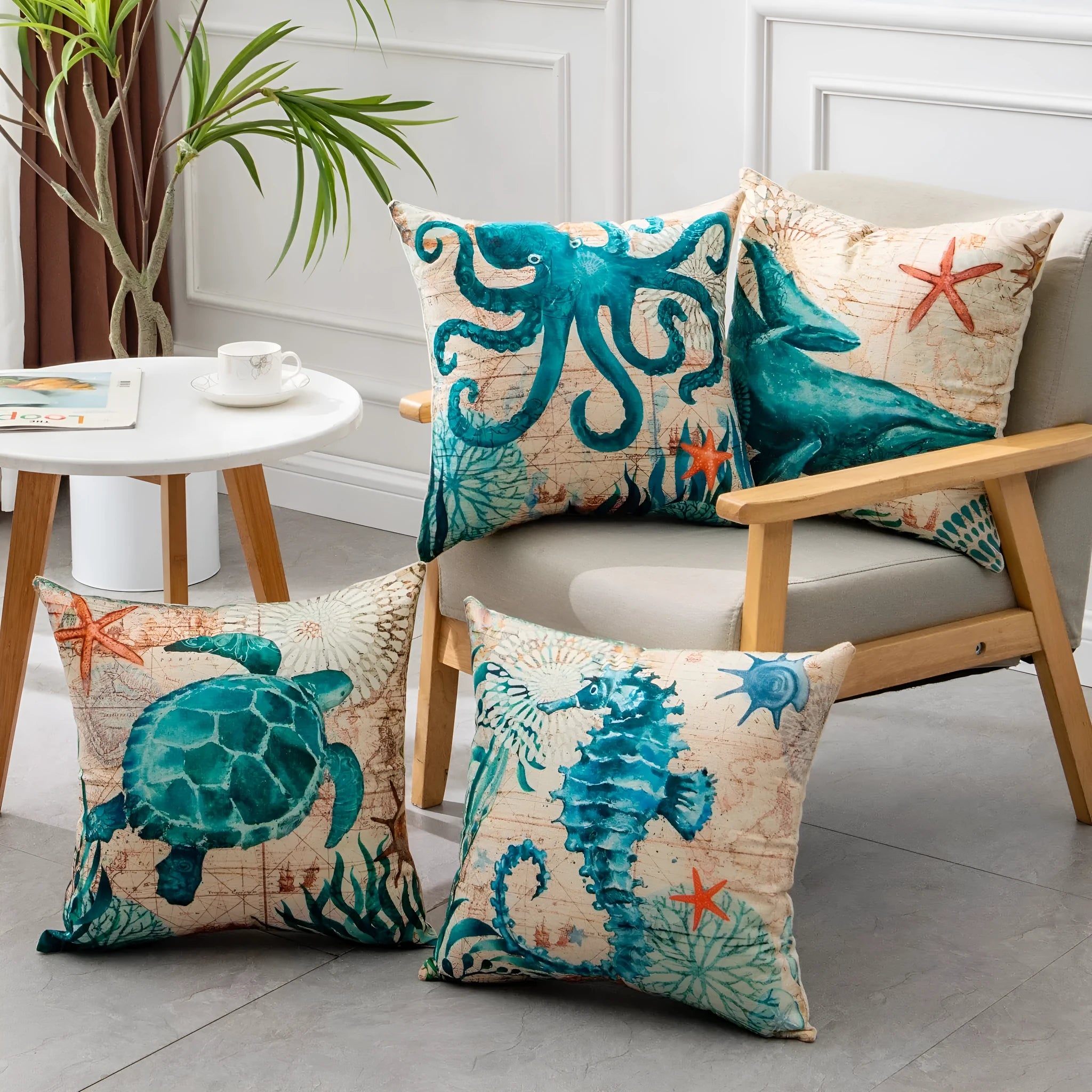 Square linen cushion cover with a detailed blue and green sea turtle print, showing the invisible zipper closure.