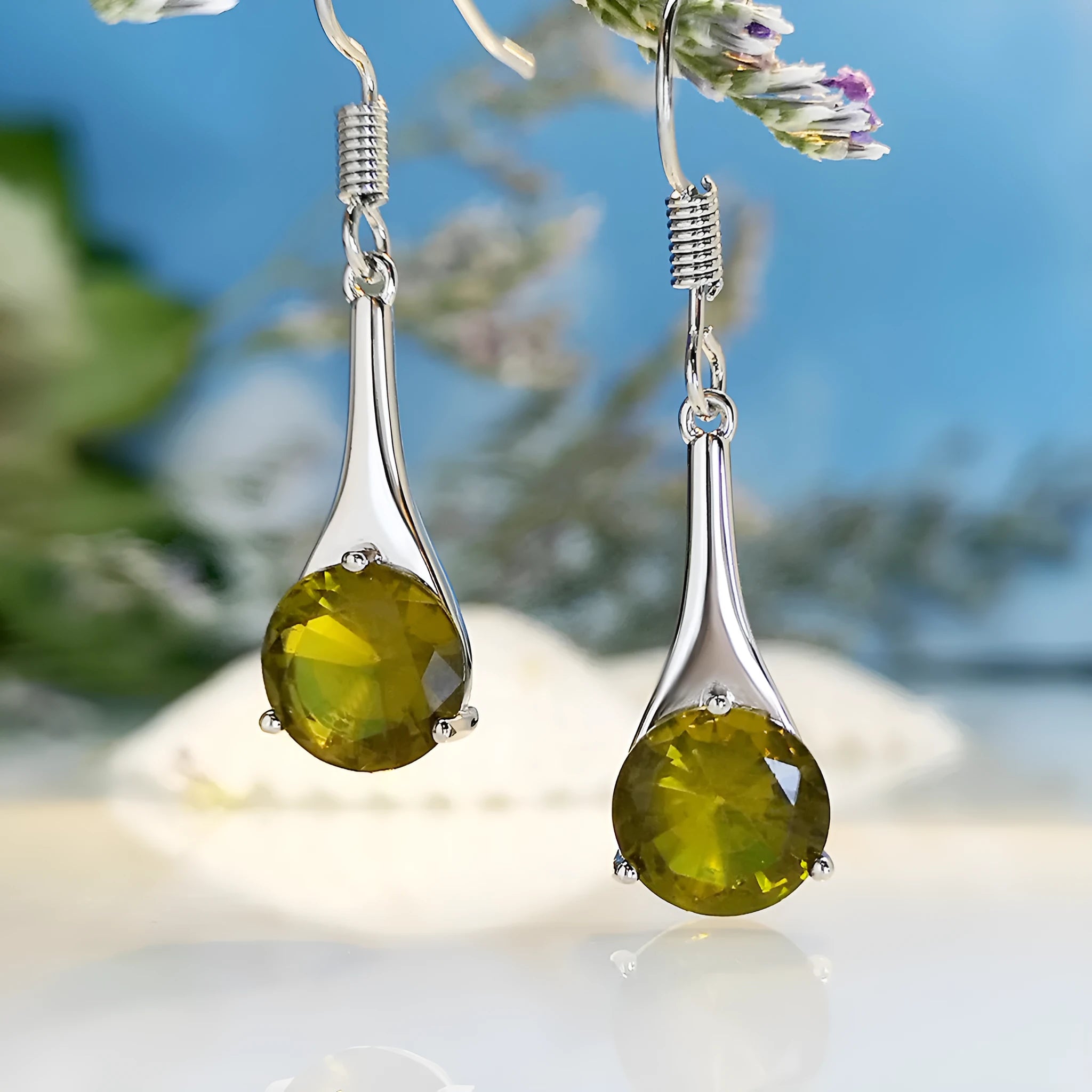 Olive green drop shape alloy earrings with electroplated finish and retro minimalist styling