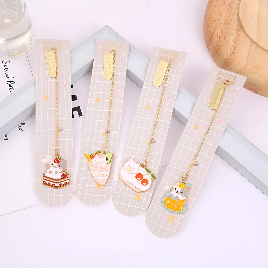 Jane Key Foodie metal bookmark with cartoon cat design, showing four style options including Strawberry Cake Cat.