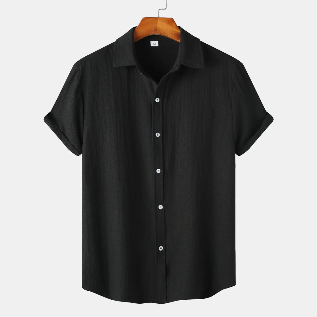 Man wearing a casual short-sleeved polyester cardigan-style shirt in a GKESJ colour.