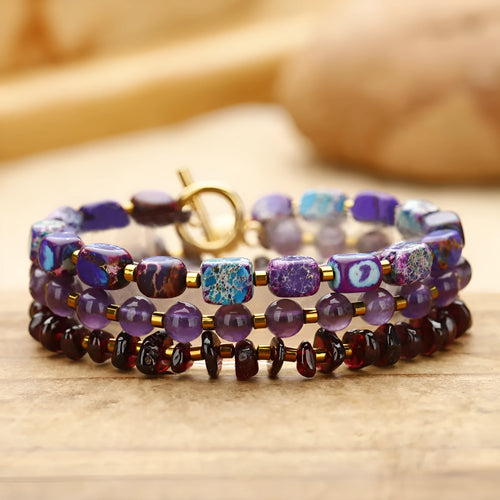 Purple amethyst round beads geometric bracelet with garnet accents and textured detailing