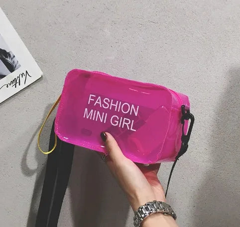 Transparent square women's shoulder bag with adjustable strap in multiple colour options showing internal mobile phone pocket