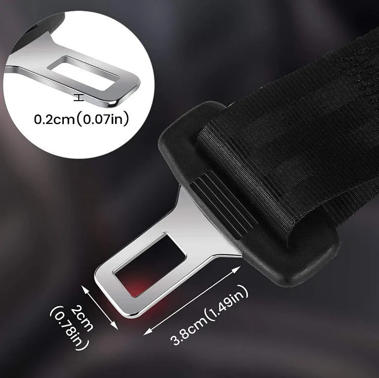 Black car seat belt extender with 36cm ribbon extension strap and 21mm belt insert