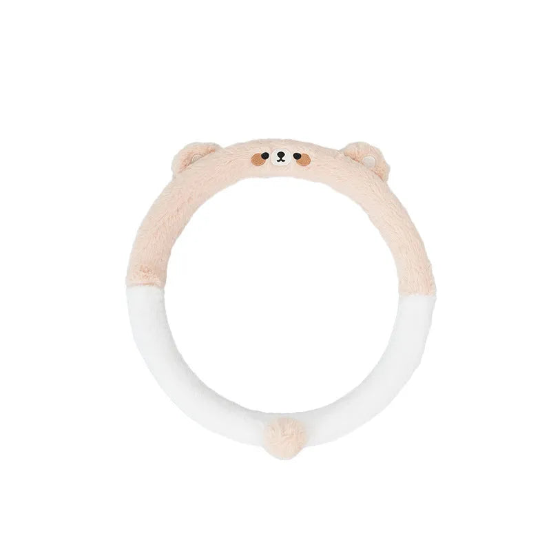 Plush thermal car steering wheel cover with rabbit fur embroidered cartoon design, 38cm diameter