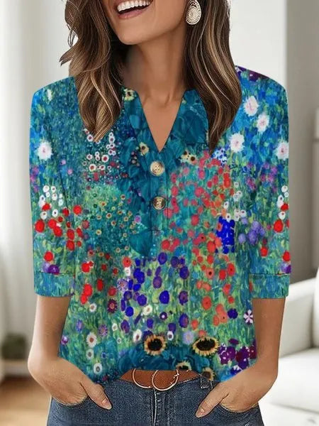 Women's loose-fit casual V-neck top with a 3D printed pattern in Japanese Korean style.