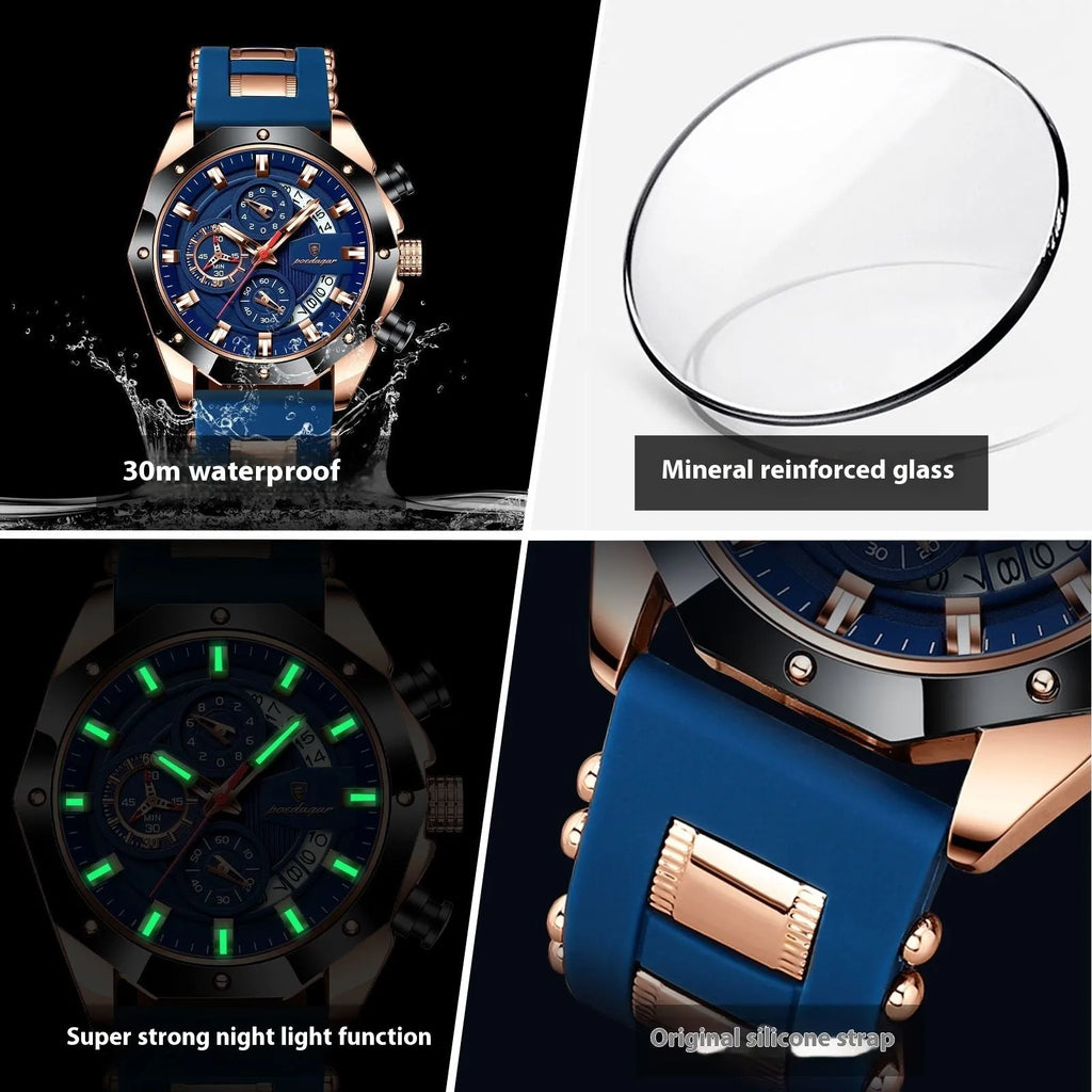 Men's chronograph sports watch with silicone strap and diamond-shaped dial