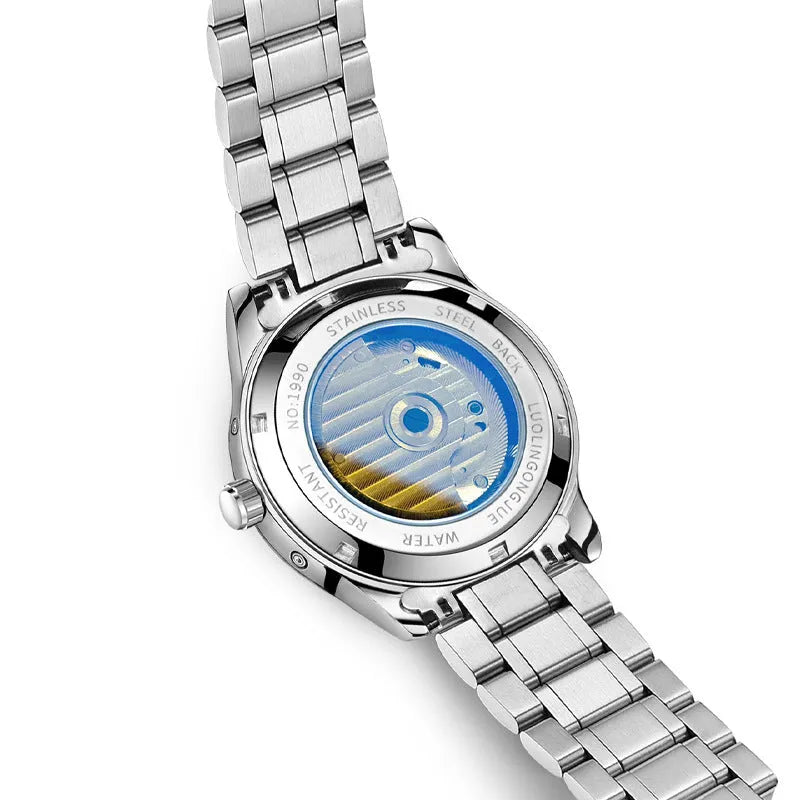Men's stainless steel mechanical watch with sapphire crystal glass and leather strap on wrist