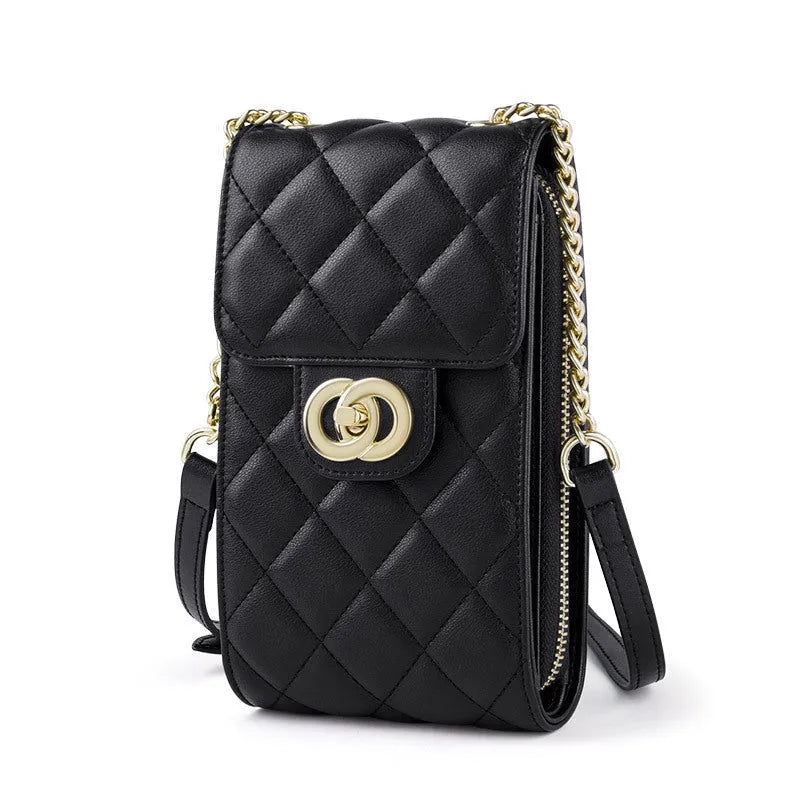 Women's genuine leather mini messenger bag in black with rhombus pattern and single shoulder strap