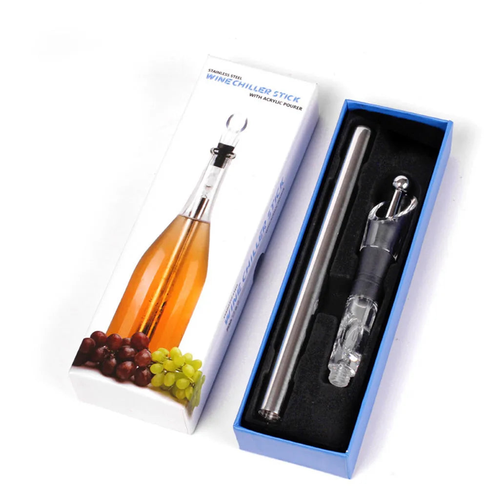 Stainless steel wine bottle cooler stick with acrylic pourer, shown in silver finish.