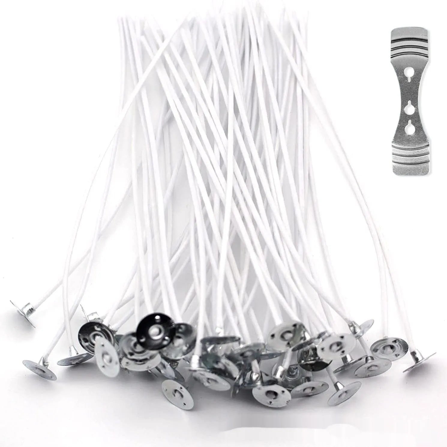 White cotton candle wicks showing three length options: 2.6cm, 6cm, and 8cm for DIY candle making