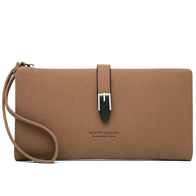 Long female wallet simple clutch in solid colour PU leather with zip closure, apricot