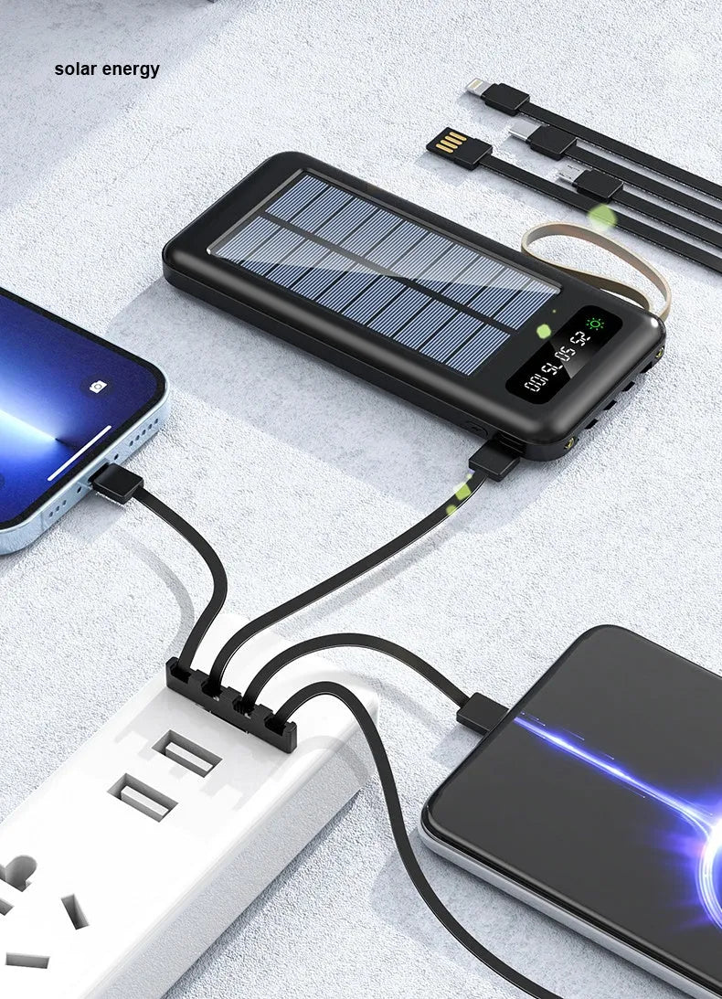Solar power bank in black or white with polymer lithium ion battery showing capacity options of 20000mA or 30000mA