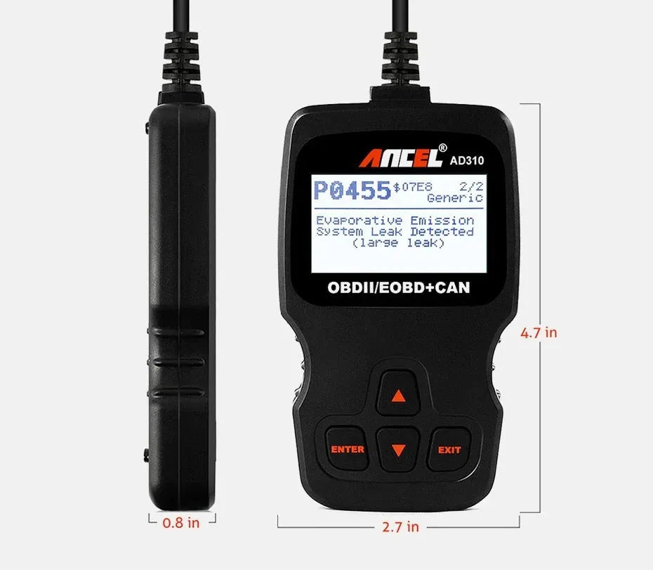 Black universal OBD2 car diagnostic scanner with engine fault detection capability