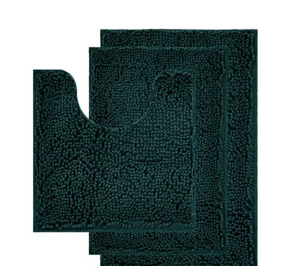 Chenille long hair three-piece bathroom mat set showing square, rectangular, and U-shaped pieces in a modern colour.