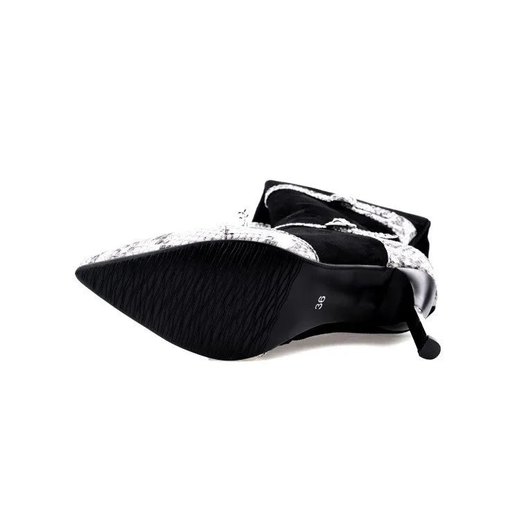 Grey and black women's knee-high boots with a thin 9cm high heel and velvet interior.