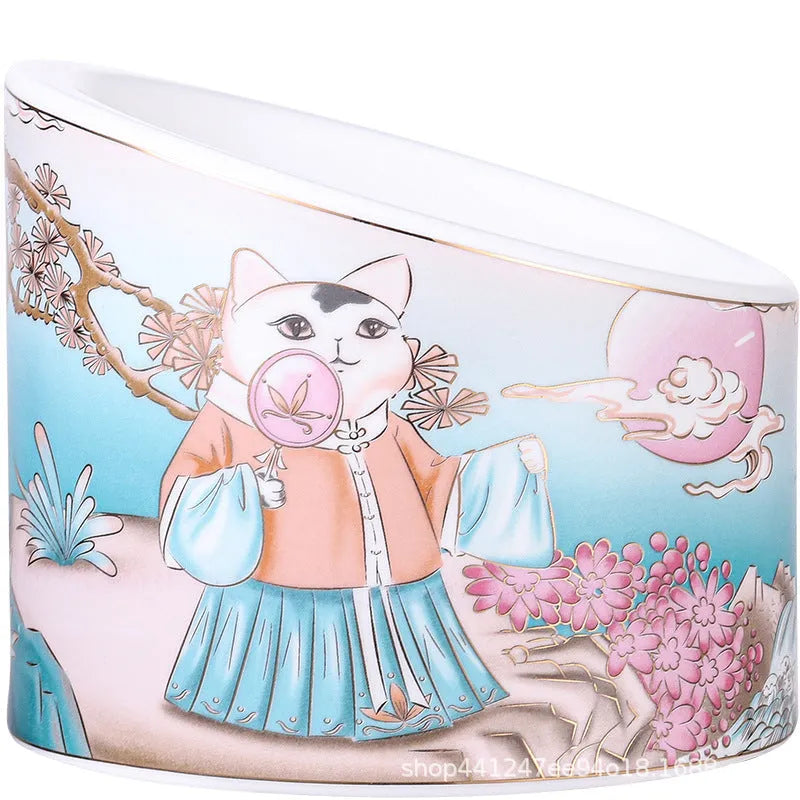 Chinese style ceramic cat bowl with high leg double bowl and oblique mouth shape in universal colour