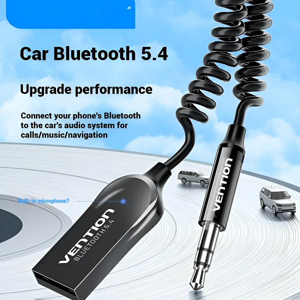 USB car Bluetooth audio receiver with USB-A plug and 3.5mm jack connected by PU-quilted cable