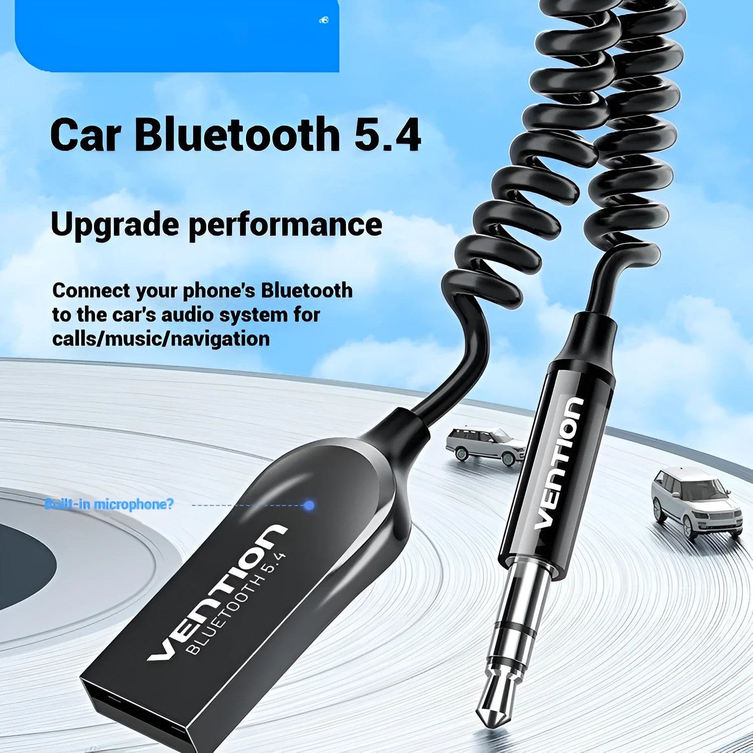 USB car Bluetooth audio receiver with USB-A plug and 3.5mm jack connected by PU-quilted cable